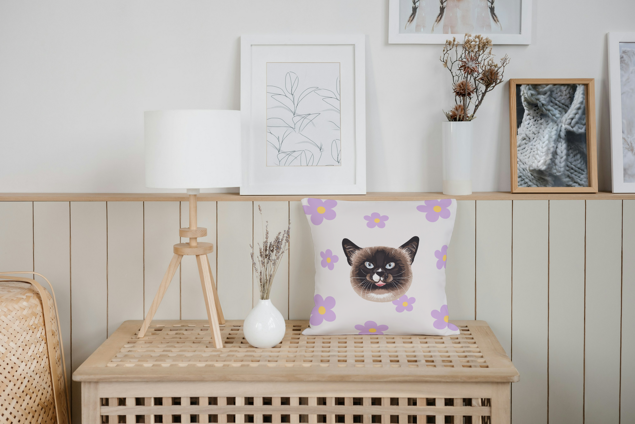 Cat throw pillow in Japanese style interior