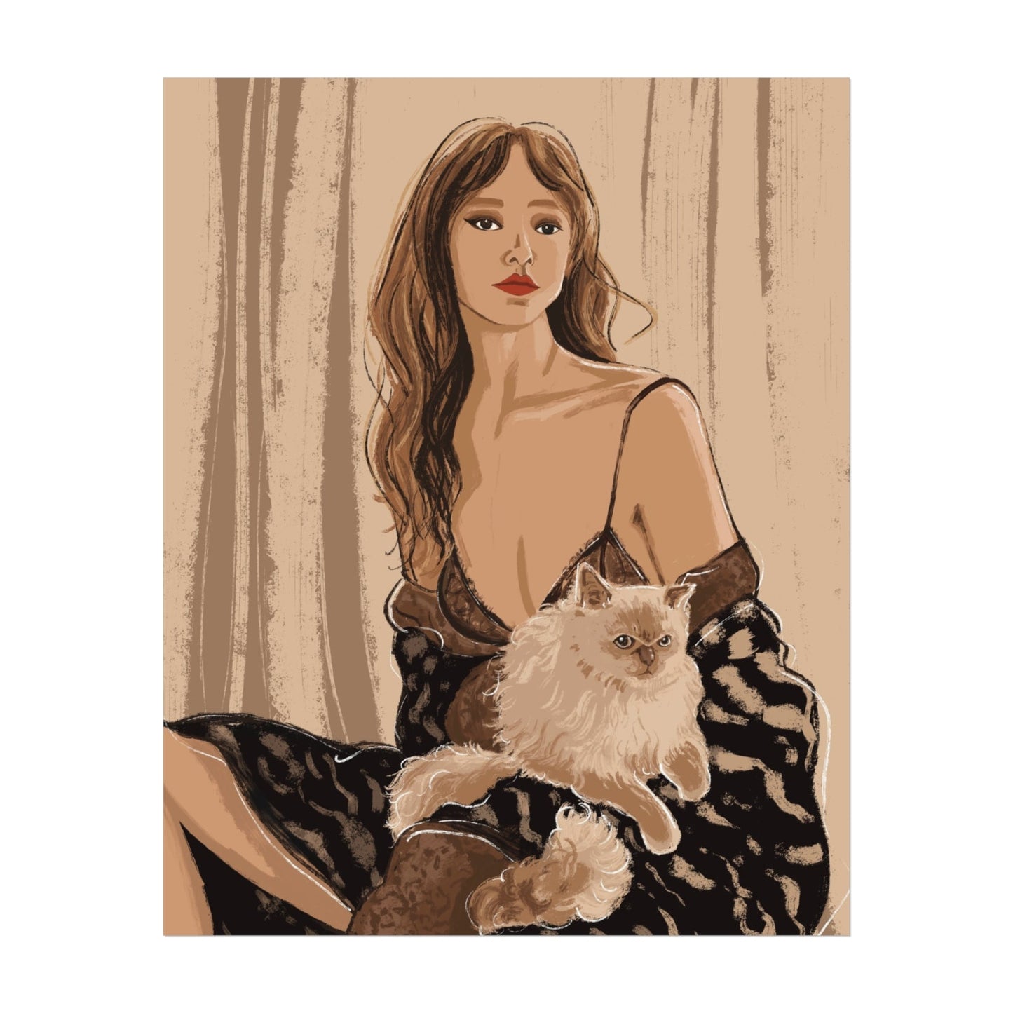 Intimacy - Fashion Illustration Poster - Wall Art | Woman & Cat print | Romantic | Home Decor