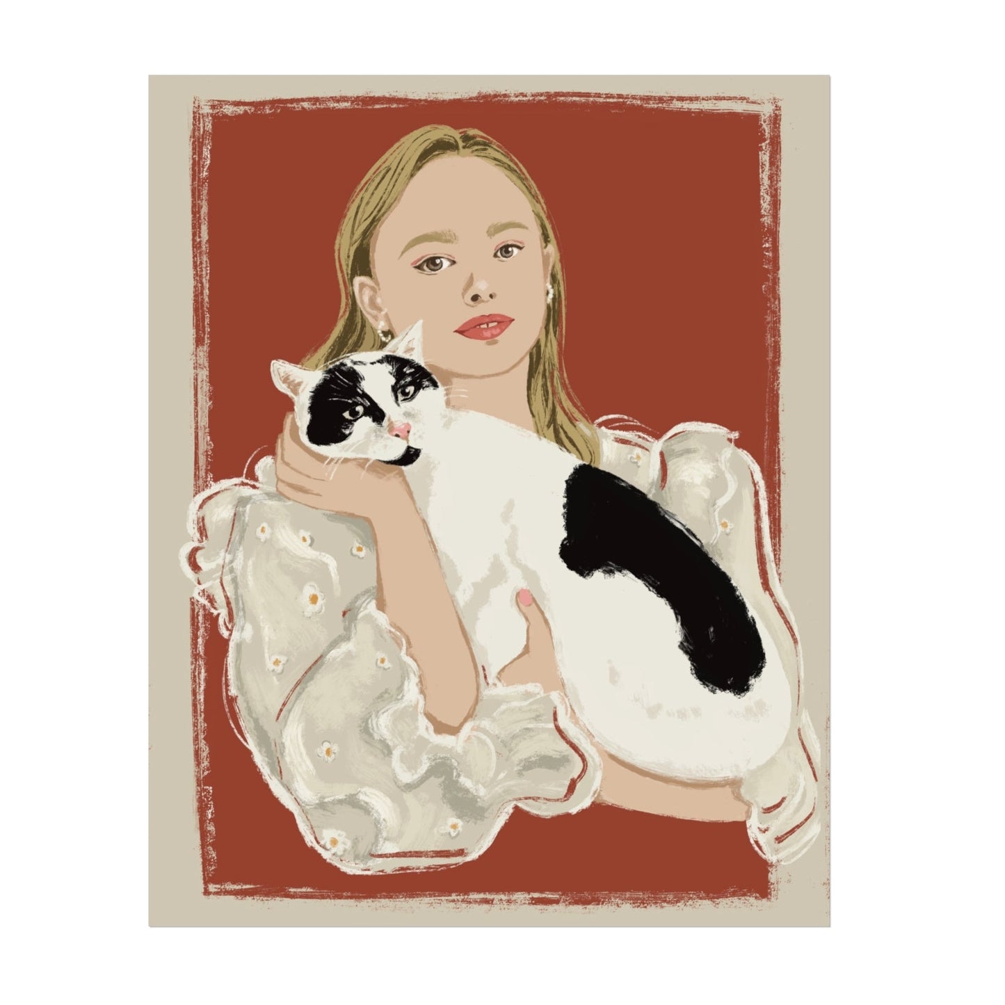 Holding Love - Fashion Illustration Poster - Wall Art | Woman & Cat print | Elegant | Home Decor