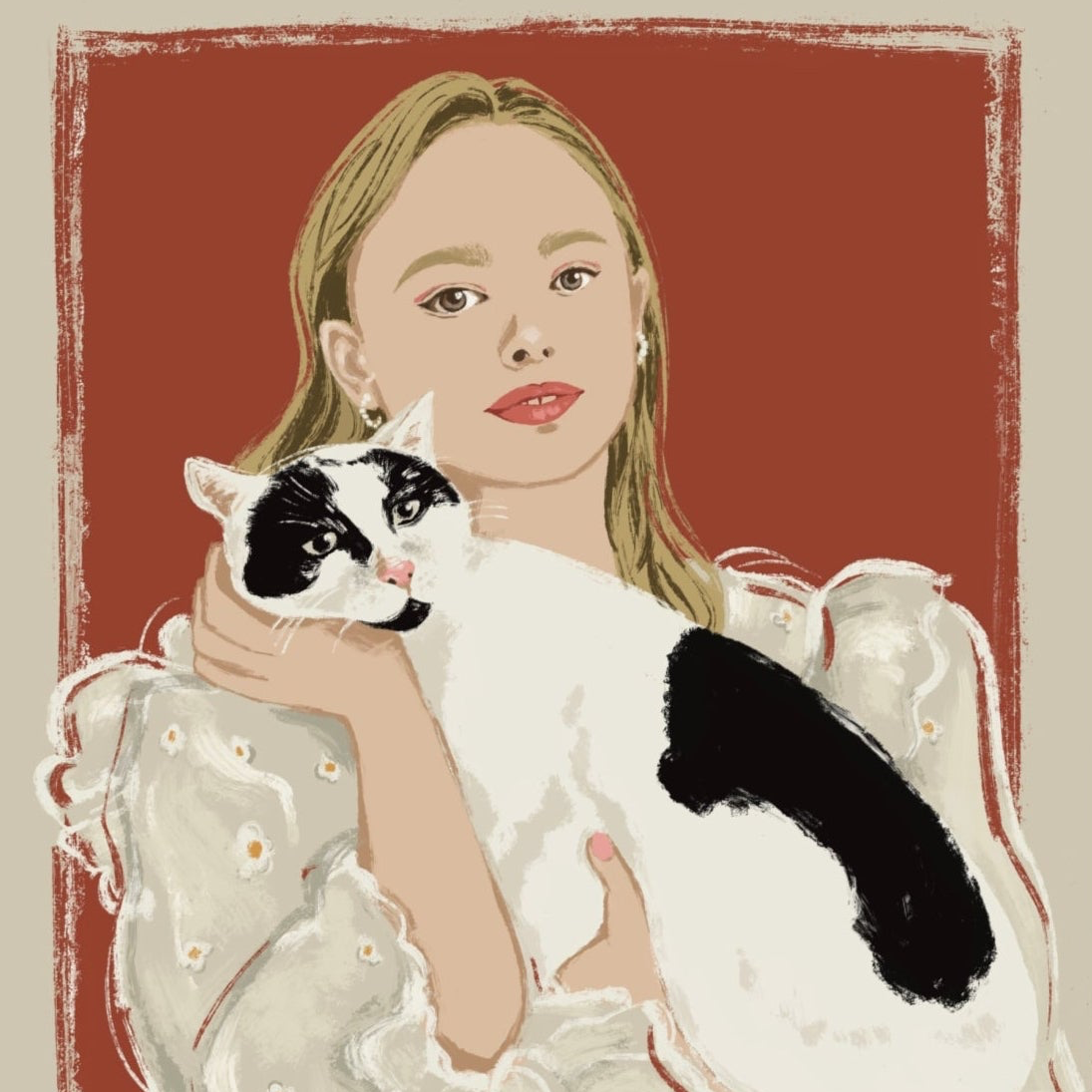 Holding Love - Fashion Illustration Poster - Wall Art | Woman & Cat print | Elegant | Home Decor